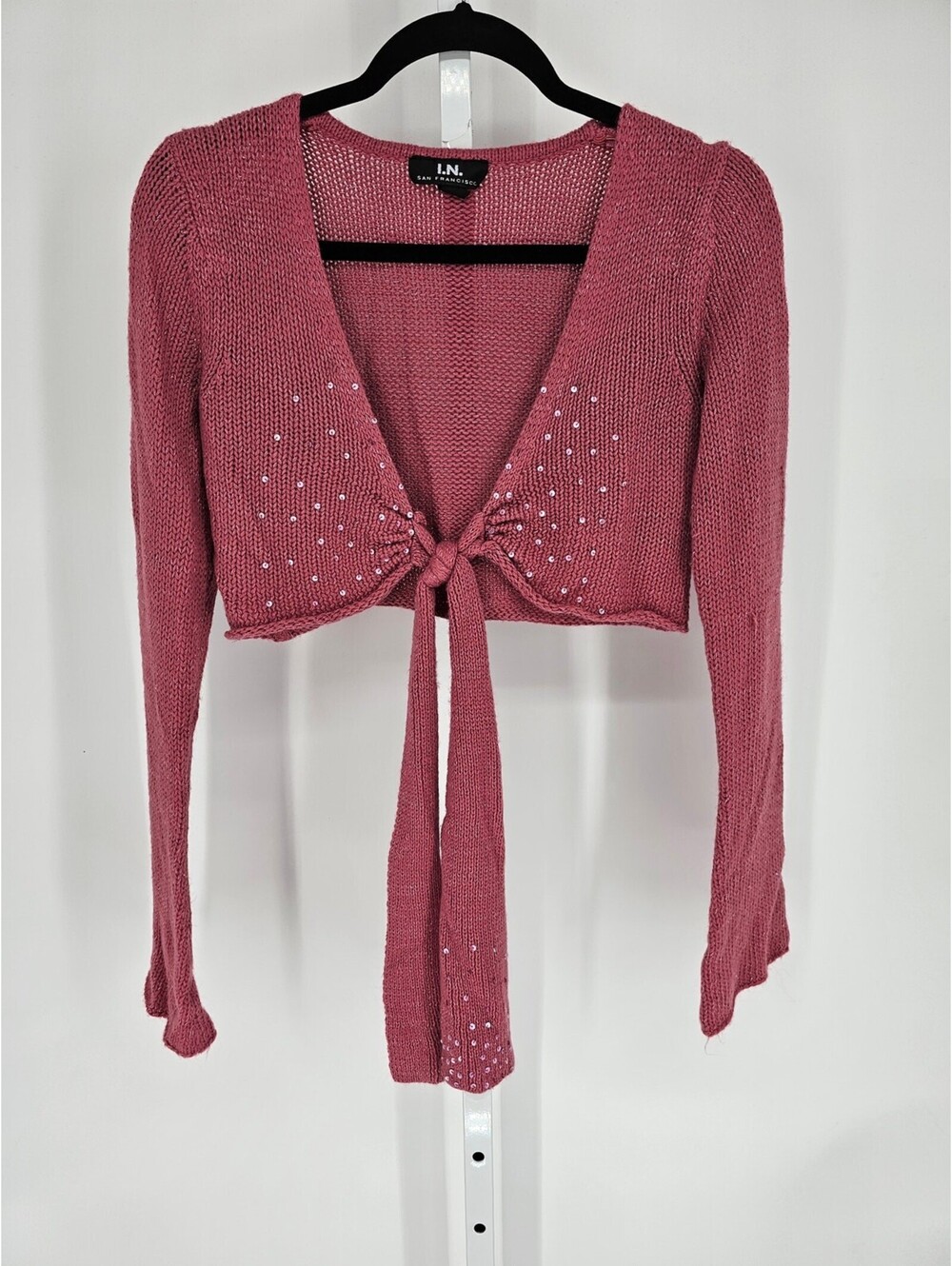I.N. San Francisco Pink Sequin Knotted Long Sleeve Knitted Crop Cardigan Size M